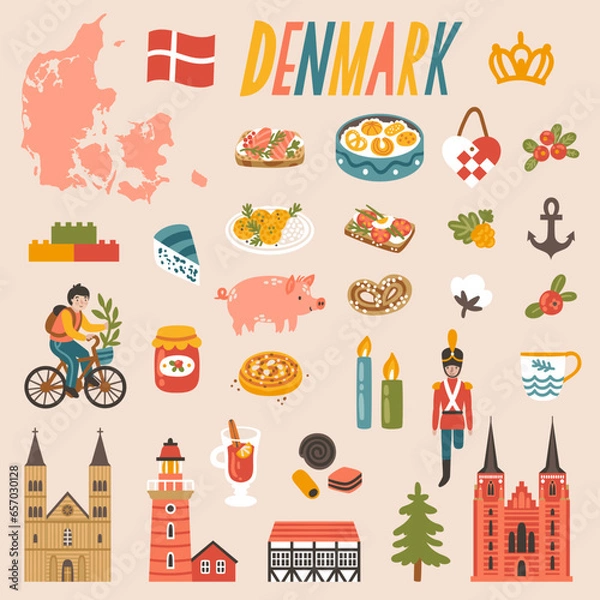 Obraz Vector icon set of Denmark's symbols. Travel illustration with Danish landmarks, food, drink and symbols. 