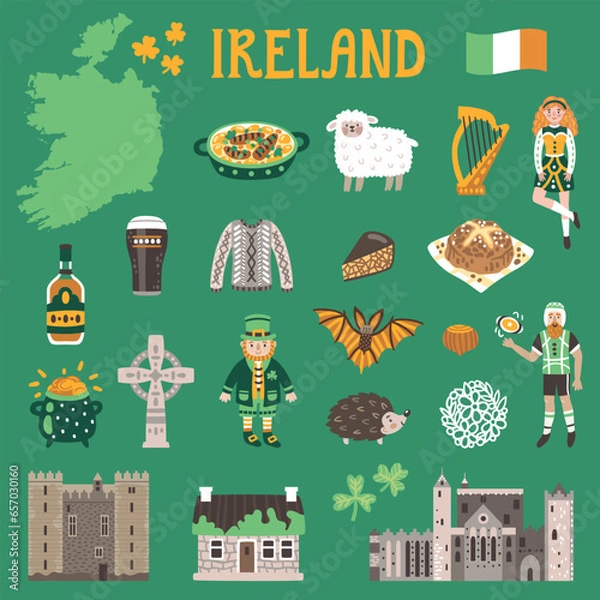 Obraz Vector icon set of Ireland's symbols. Travel illustration with Irish landmarks, people, food and symbols. 