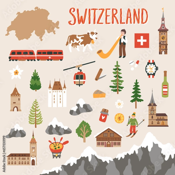 Obraz Vector icon set of Switzerland's symbols. Travel illustration with Swiss landmarks, mountain, people and symbols. 