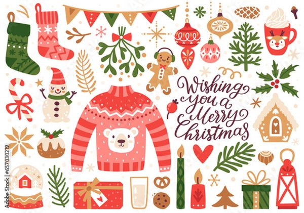 Obraz Vector set of holiday icons: sweater, Christmas ornaments, gingerbread cookies, candles, gift, snowman. Kids illustration for Christmas time. Scrapbook collection. Winter greeting card. Happy New Year