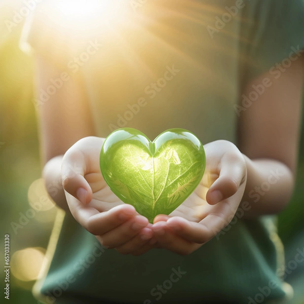 Obraz Woman hands holding green heart, Happiness moment, Health care, donate, green day, World heart day, world health day, Hope, Gratitude, Kindness and Save world's day concept, Generative AI.