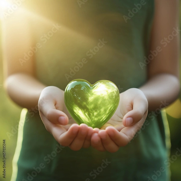 Obraz Woman hands holding green heart, Happiness moment, Health care, donate, green day, World heart day, world health day, Hope, Gratitude, Kindness and Save world's day concept, Generative AI.
