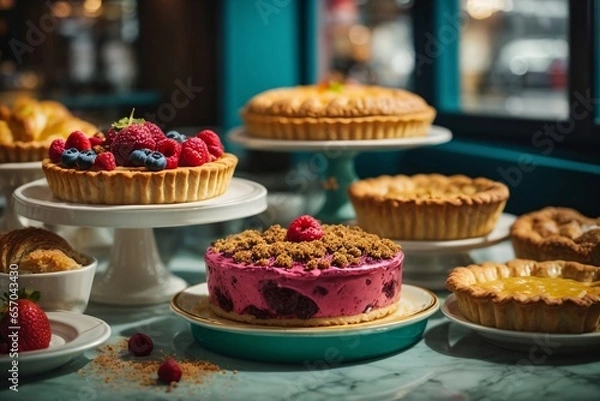 Fototapeta Pie bakery and pastry closeup with food product dessert of choice in upscale hospitality industry Baking in cafe with skilled baker or chef fresh and delicious cuisine for catering. Generative Ai.