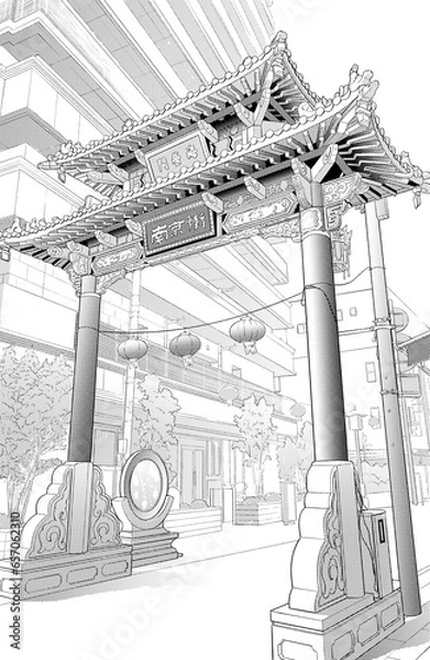 Obraz 漫画風ペン画イラスト　アジア風_中華街