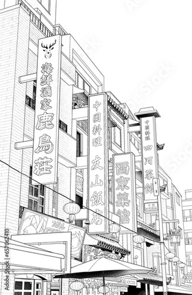 Obraz 漫画風ペン画イラスト　アジア風_中華街