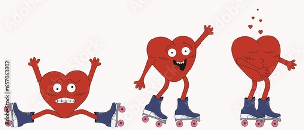 Fototapeta Set of Y2K Groovy hippie Hearts sticker. Heart funny cartoon character on rollers. Happy valentine's day concept. Trendy modern emoji in retro style 60s 70s. Hearts Mascot. Vector illustration.