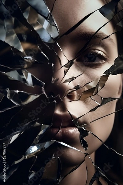 Obraz Young woman is looking into a broken mirror. Collapse of illusions. Disillusionment concept. Female portrait. Shattered glass of many sharp shards. Pain of depression. Break up. Abusive relationships.