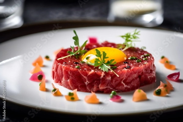 Obraz Beef tartare with egg yolk on a dark background