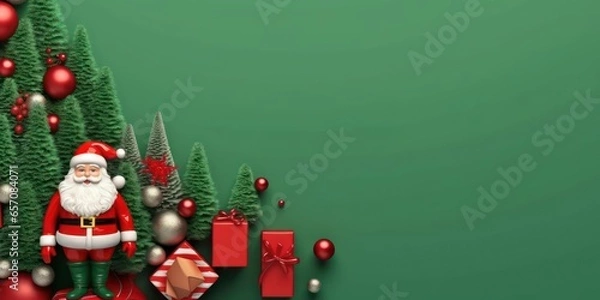 Fototapeta Green Christmas background with gift boxes, Christmas tree with Santa Claus. Beautiful background image of a wide format on a winter theme