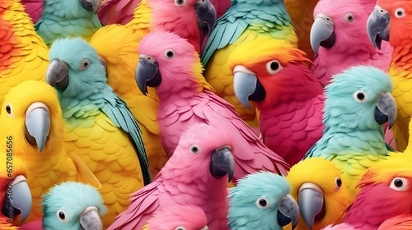 Fototapeta Seamless pattern of realistic parrots, cute, colorful, hyper realistic, background, wallpaper, pastel tones
