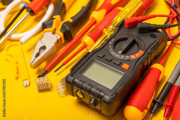 Fototapeta Electrician tools on background.Multimeter,construction tape,electrical tape, screwdrivers,pliers,an automatic insulation stripper, socket and LED lamp.Flatley.electrician concept.