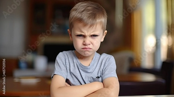 Fototapeta Child's Grumpy Expression in Home Setting