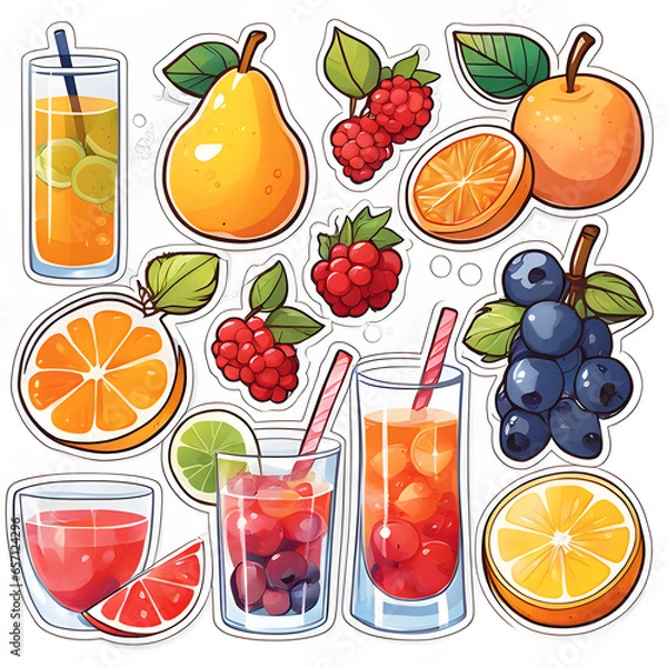 Fototapeta Cute 2d mixed fruit stickers, vector illustration