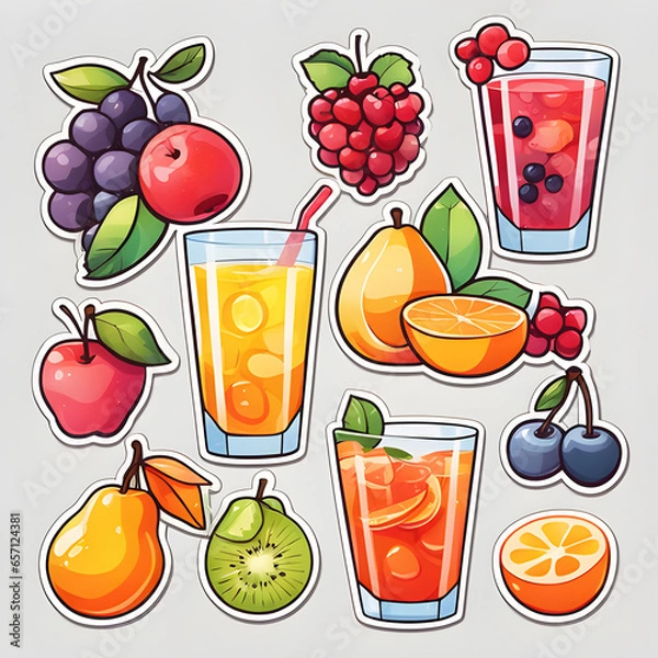 Fototapeta Cute 2d mixed fruit stickers, vector illustration