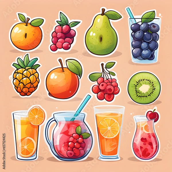 Fototapeta Cute 2d mixed fruit stickers, vector illustration