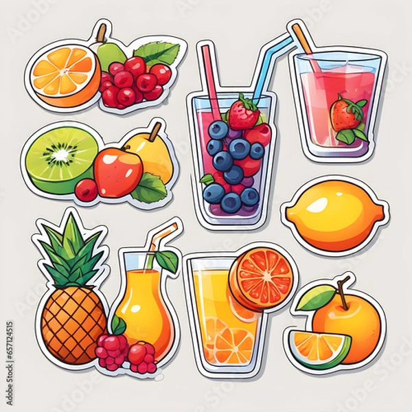 Fototapeta Cute 2d mixed fruit stickers, vector illustration