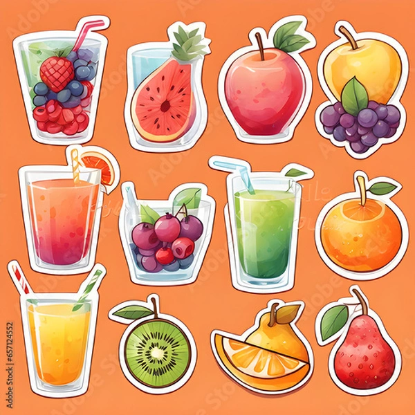 Fototapeta Cute 2d mixed fruit stickers, vector illustration