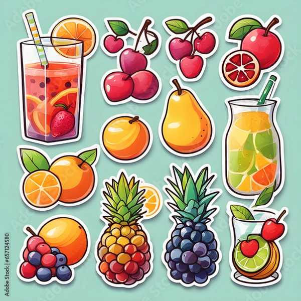 Obraz Cute 2d mixed fruit stickers, vector illustration