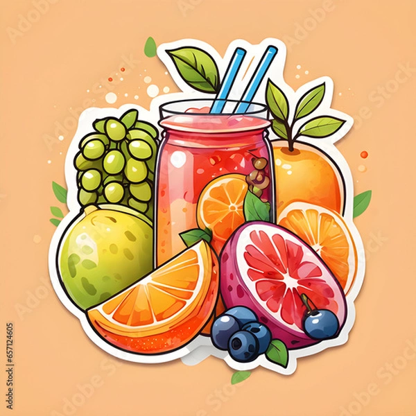 Fototapeta Cute 2d mixed fruit stickers, vector illustration