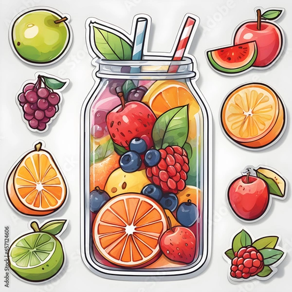 Fototapeta Cute 2d mixed fruit stickers, vector illustration