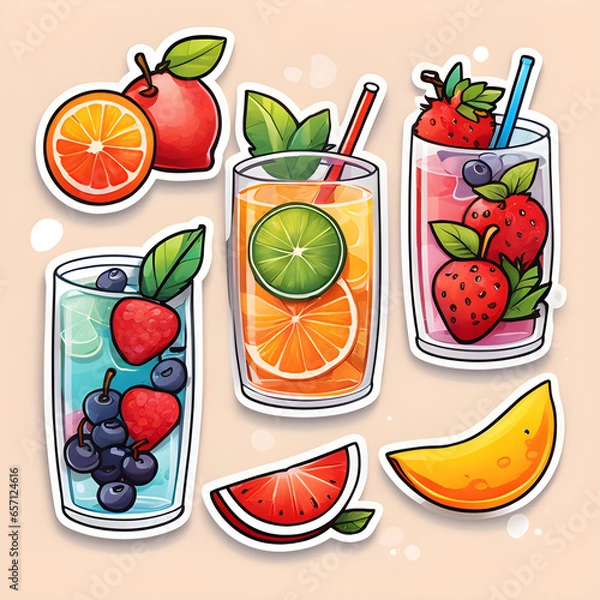 Fototapeta Cute 2d mixed fruit stickers, vector illustration
