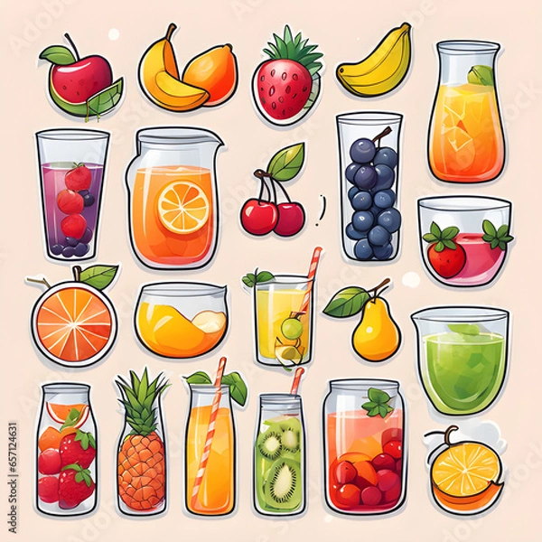 Fototapeta Cute 2d mixed fruit stickers, vector illustration