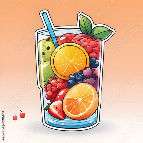 Fototapeta Cute 2d mixed fruit stickers, vector illustration