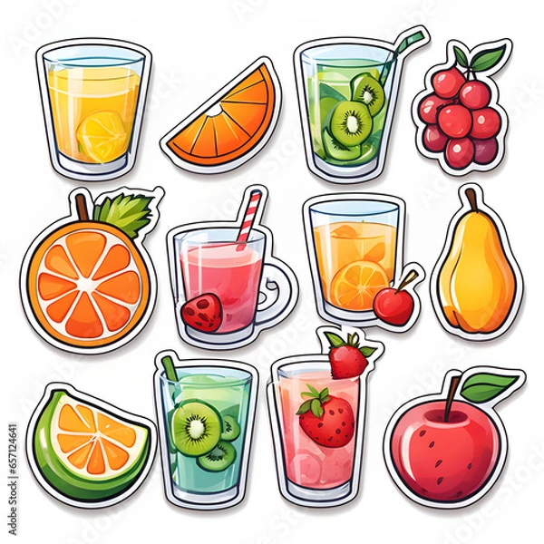 Obraz Cute 2d mixed fruit stickers, vector illustration