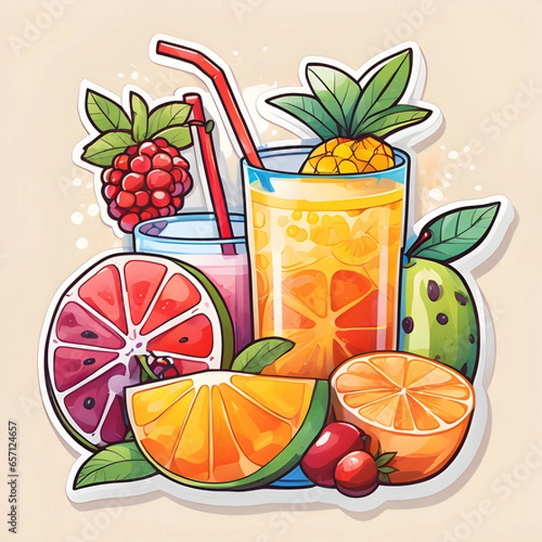 Fototapeta Cute 2d mixed fruit stickers, vector illustration