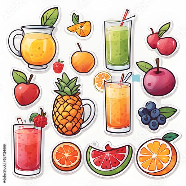 Fototapeta Cute 2d mixed fruit stickers, vector illustration
