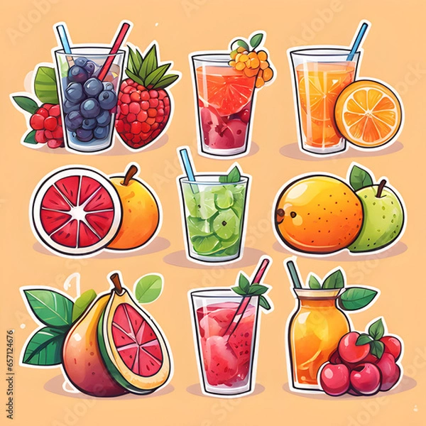 Fototapeta Cute 2d mixed fruit stickers, vector illustration