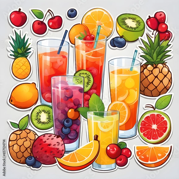 Fototapeta Cute 2d mixed fruit stickers, vector illustration