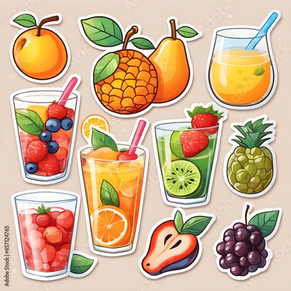 Fototapeta Cute 2d mixed fruit stickers, vector illustration