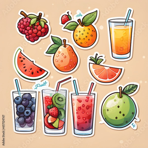 Fototapeta Cute 2d mixed fruit stickers, vector illustration