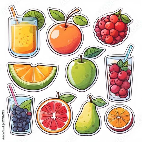 Fototapeta Cute 2d mixed fruit stickers, vector illustration