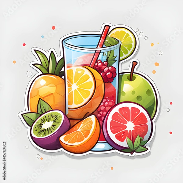 Fototapeta Cute 2d mixed fruit stickers, vector illustration