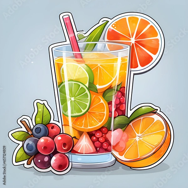 Fototapeta Cute 2d mixed fruit stickers, vector illustration