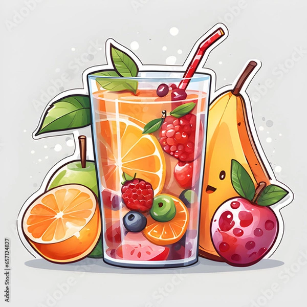 Fototapeta Cute 2d mixed fruit stickers, vector illustration