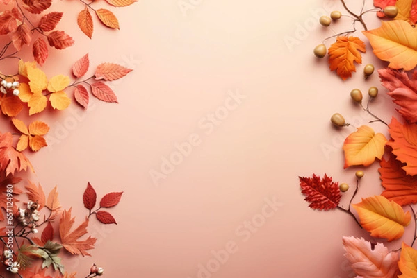 Fototapeta Colorful autumn Leaves on a red and pink background with copy space