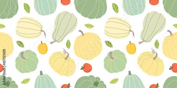 Fototapeta Pumpkin harvesting seamless pattern. Colorful harvest illustration. Used for paper, cover, gift wrap, fabric. Vector illustration. Autumn seamless patterns.