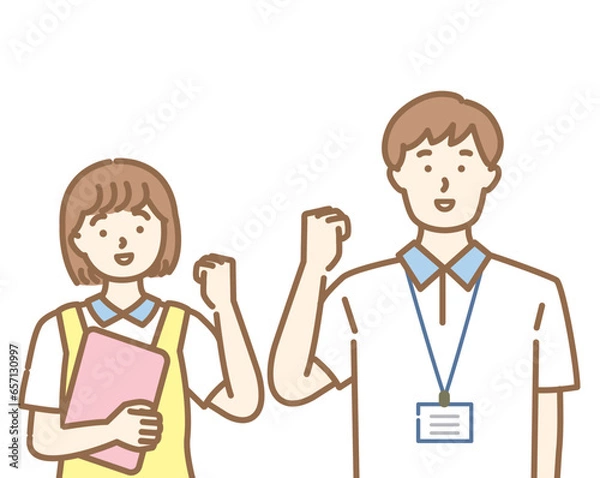 Fototapeta 介護スタッフの男女がガッツポーズをするイラスト素材