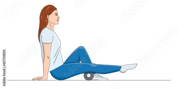 Fototapeta Illustration of a caucasian and brown hair woman doing self-massage with a massage roller, isolated character