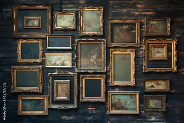 Obraz Various wooden retro vintage frames hanging on wall with copy space background. Frames on grunge old wall. Frames for painting or photograph. Generative AI
