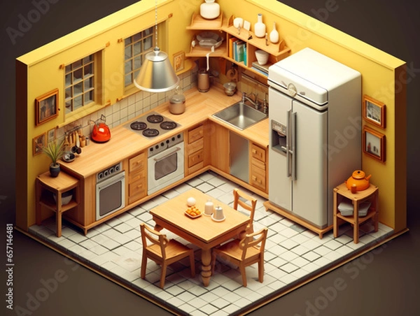 Fototapeta 3D decoration of a small residential kitchen complete with kitchen appliances and kitchen cabinets. Neatly arranged to maximize the small space.
