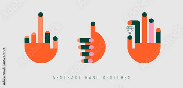 Fototapeta Abstract colorful Hands. Different gestures. Middle finger, thumbs up, holding diamond. Minimal design. Modern colored Vector illustration. Logo, poster, print templates. Isolated design elements