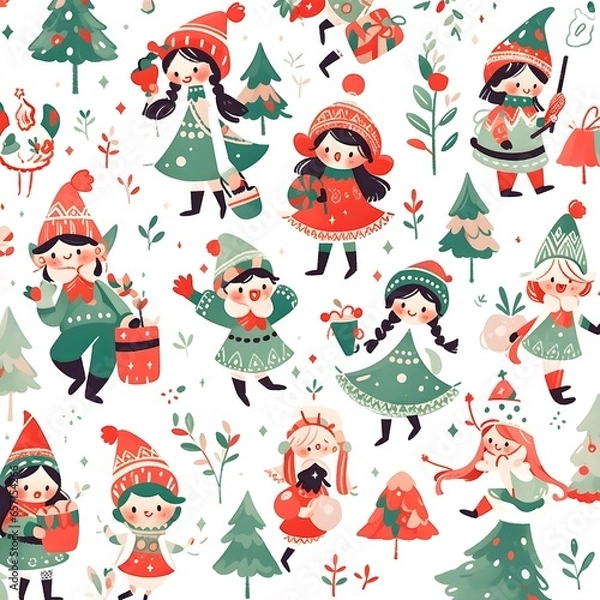 Fototapeta set of Christmas doodle cute girls water color style vector illustration