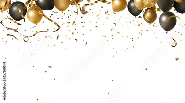 Obraz Confetti and balloons in gold and black. Copy space, generative ai, transparent png. Use your own background.