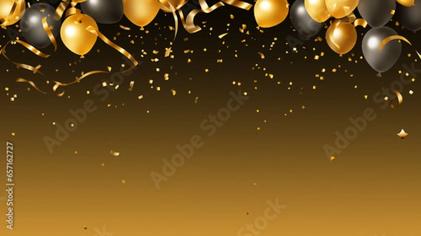 Fototapeta Confetti and balloons in gold and black. Copy space, generative ai