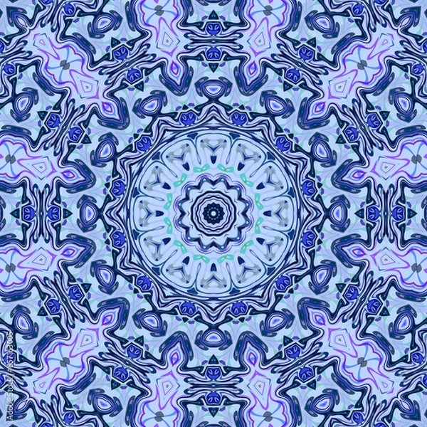 Fototapeta Mandala in blue tones and complex symmetries generated digitally, not with artificial intelligence