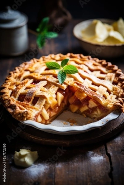 Obraz Apple pie with lattice crust, golden brown and steaming hot